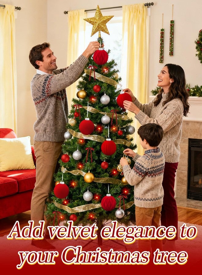 Beeplove 4in Large Velvet Ornaments for Christmas Tree - 3 Styles, Red Flocked Ornaments Christmas Balls for Vintage Xmas Holiday Party Hanging Decorations, 6PCS - Image 2